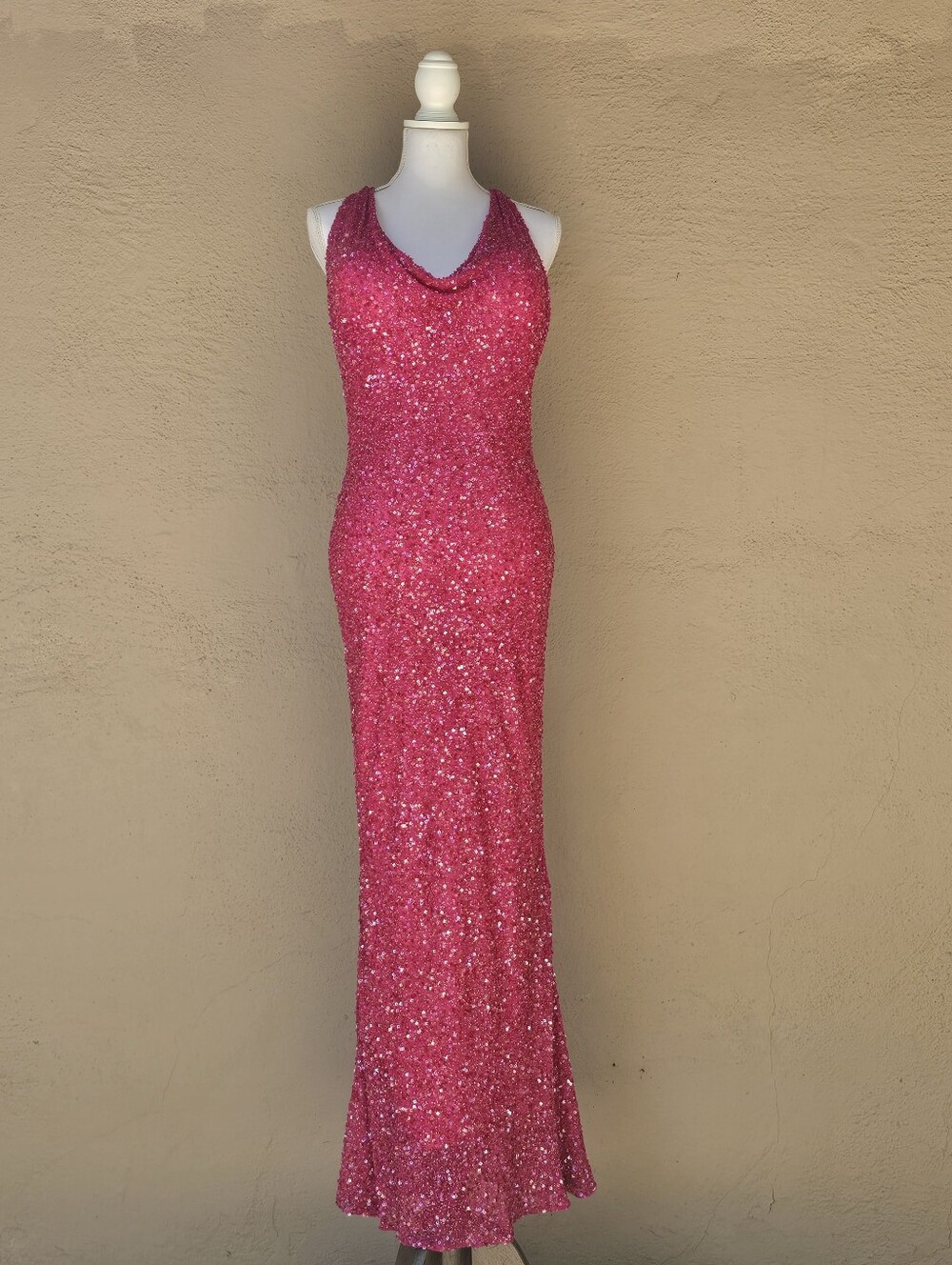 Y2K Scala Silk Handbeaded Fuschia Pink Cowl Neck Halter Dress Sz M